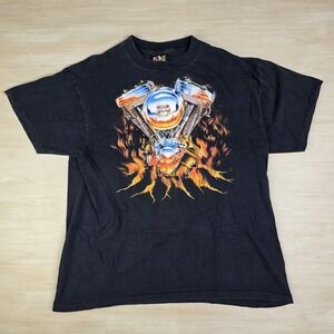 Vintage 3D Emblem Shirt Medium Black Motorcycle V Twin Engine Flames‎ USA 90s